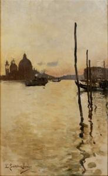 Laguna Veneciana Con Gondolas Al Atardecer Oil Painting by Emilio Sanchez-Perrier