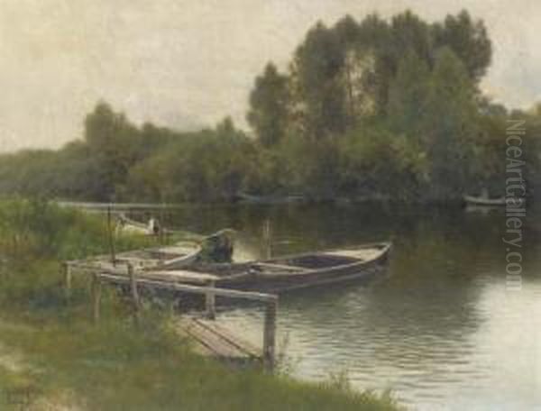 A River Landscape In Pontoise Oil Painting by Emilio Sanchez-Perrier