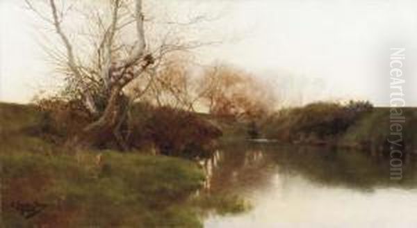 A River Landscape At Dusk Oil Painting by Emilio Sanchez-Perrier