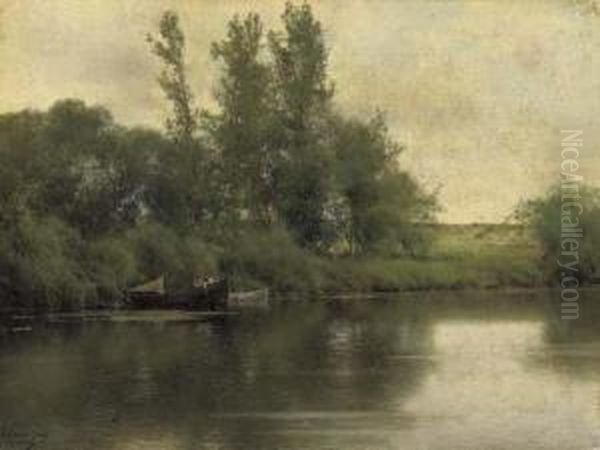 Figures In A Boat In A River Landscape Oil Painting by Emilio Sanchez-Perrier