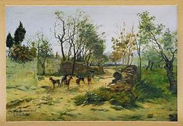 Pastor Con Cabras En Un Sendero Oil Painting by Eduardo Sanchez Sola