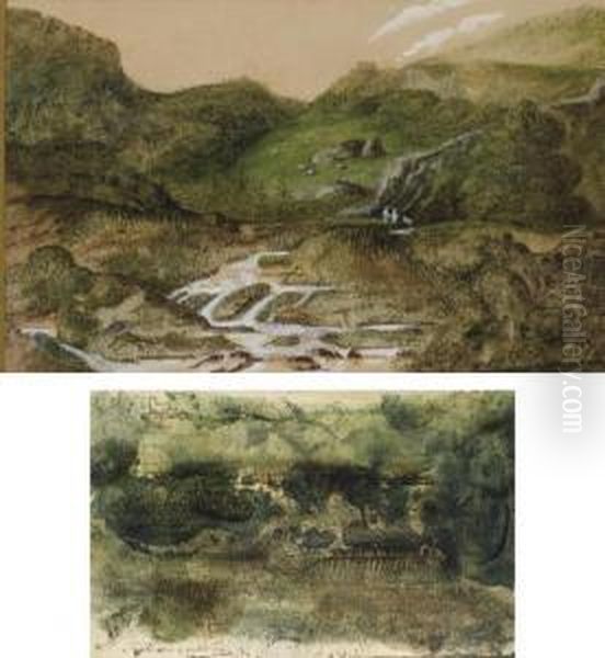 Une Riviere Dans Une Vallee, Des Moutons Sur Les Hauteurs Et Des Bergers Oil Painting by George Sand