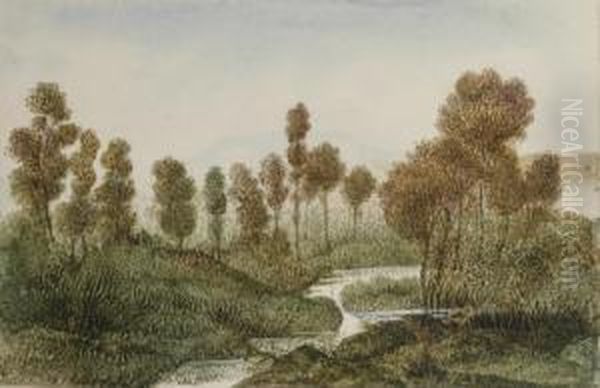 Paysage Arbore Traverse Par Une Riviere, Des Montagnes A L'arriere-plan Oil Painting by George Sand