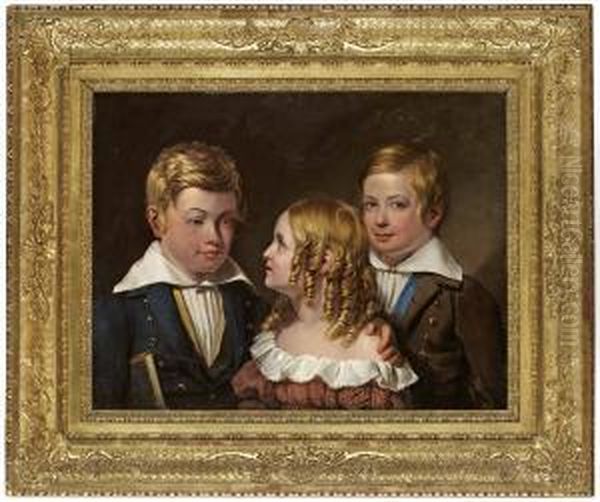 Syskonen Carl, Emil Och Jenny Roth (f Oil Painting by Johan Gustav Sandberg