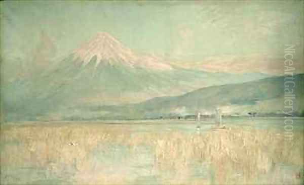 Dawn on the Sacred Mountain the Fuji sun Half Hidden in the Clouds Oil Painting by Sir Alfred East