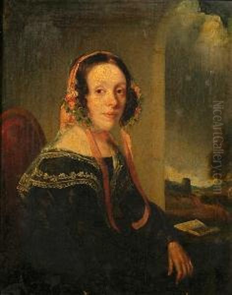 A Portrait Of Sarah Elizabeth Bloy Richardson, Half Length, In Flowered Bonnet Oil Painting by Anthony Sandys