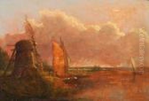 Boats Near A Drainage Mill Oil Painting by Anthony Sandys