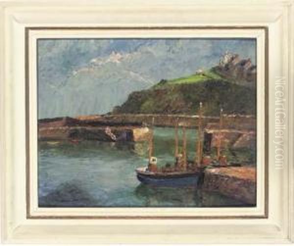 The Inner Harbour With Polkirt 
Hill Beyond, Mevagissey, Cornwall; And Fishing Boats In The Harbour Oil Painting by Pietro Sansalvadore