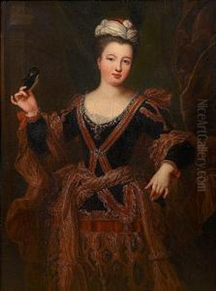 Portrait Of A Lady, 
Three-quarter-length, In A Dark Blue Dress With Gold Brocade Decoration,
 Holding A Mask And Standing Before A Curtain Oil Painting by Jean-Baptiste Santerre