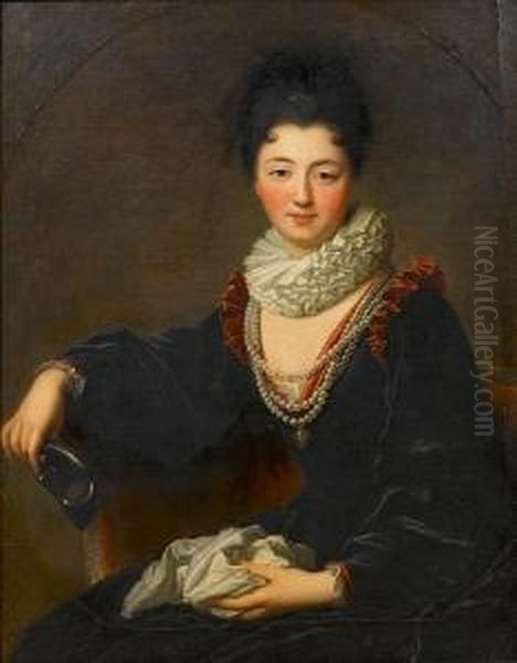 Portrait Of Madame Peletier Des 
Forts Seated In A Chair Wearing A Blue Velvet Red-trimmed Dress, A White
 Ruff And Pearls, Holding A Mask In Her Right Hand Oil Painting by Jean-Baptiste Santerre