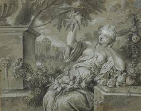 Une Femme Assise Dans Un Jardin, Entouree Des Fleurs, Cueillant Un Fruit Oil Painting by Jean-Baptiste Santerre