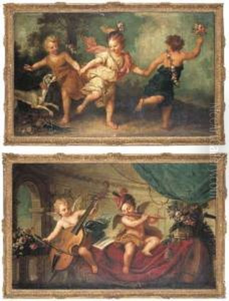 Three Putti Dancing With A Dog; And Two Putti Making Music In Apalatial Interior Oil Painting by Jean-Baptiste Santerre