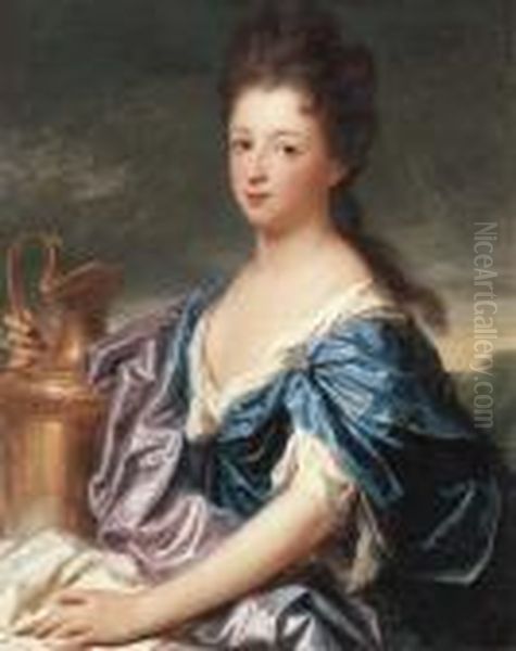 Portrait Of A Lady, Said To Be 
The Marquise D'epinay As Hebe,half-length, In A Blue Dress, Holding An 
Urn Oil Painting by Jean-Baptiste Santerre