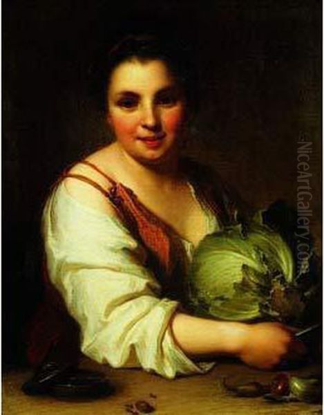 Portrait De Jeune Fille Tenant Un Chou Oil Painting by Jean-Baptiste Santerre