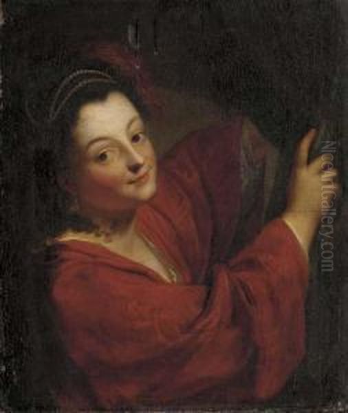 A Young Lady At A Curtain Oil Painting by Jean-Baptiste Santerre