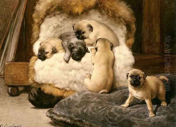 Nest Met Jonge Mastiffs (A Nest Of Puppy Pugs) Oil Painting by Otto Eerelman