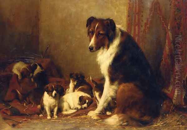 A Collie and Her Puppies Oil Painting by Otto Eerelman