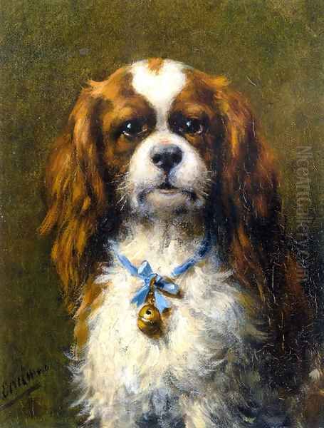 A King Charles Spaniel with a Blue Ribbon Oil Painting by Otto Eerelman