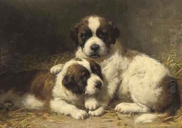 St Bernard pups Oil Painting by Otto Eerelman