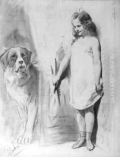 Young girl with St. Bernard Oil Painting by Otto Eerelman