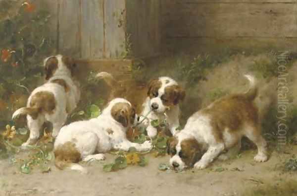 Saint Bernard puppies playing with Indian cress Oil Painting by Otto Eerelman