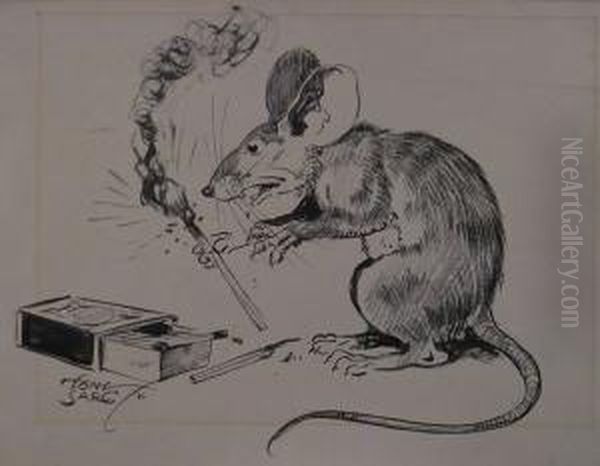 Rat Accidentally Lights Match. Oil Painting by Tony Sarg