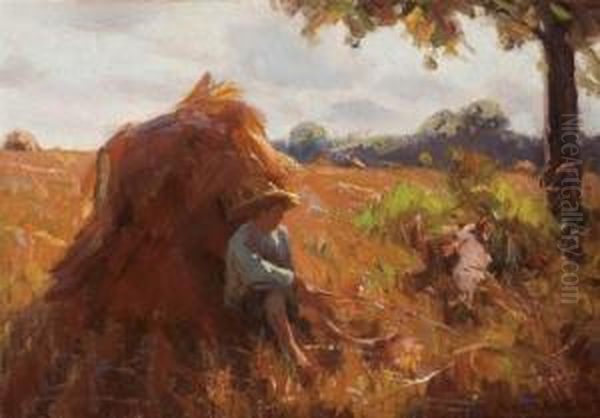 Haystack With Boy And A Dog Oil Painting by Paul Turner Sargent