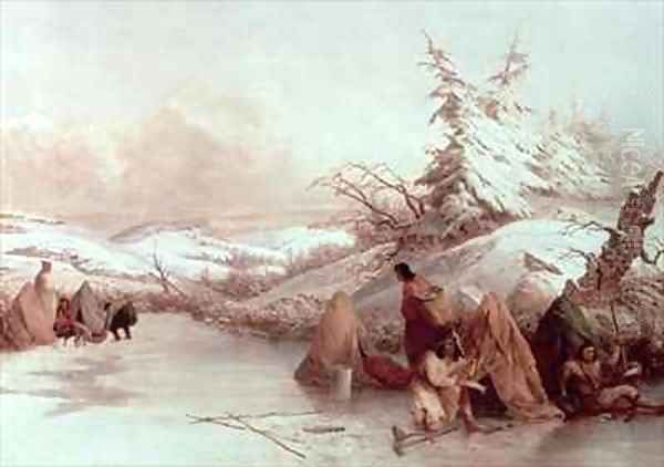 Spearing Fish in Winter Oil Painting by Seth Eastman