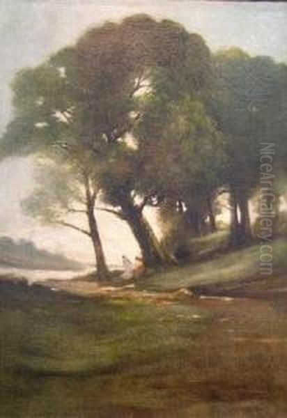 Wooded Landscape With Figures By A Stream Oil Painting by William Sartain