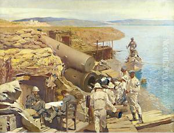 Postazione Di Artiglieria Italiana A Punta Sdobba Oil Painting by Giulio Artistide Sartorio