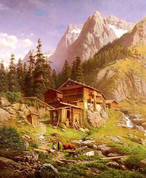 An Alpine Mill House Oil Painting by Georg Engelhardt