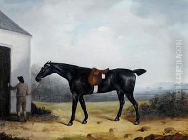 A Dark Bay Hunter With A Groom In Alandscape Oil Painting by J. Francis Sartorius