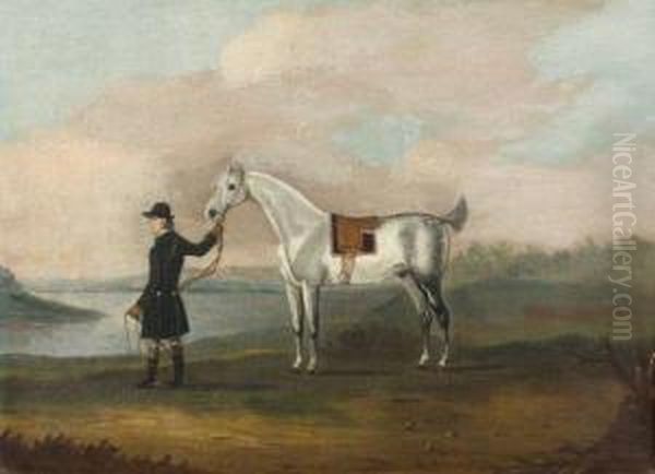 A Grey Hunter Held By His Groom In A Landscape Oil Painting by J. Francis Sartorius