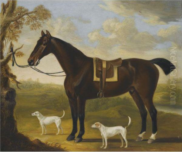 Portrait Of A Bay Hunter And Hounds In A Landscape Oil Painting by J. Francis Sartorius