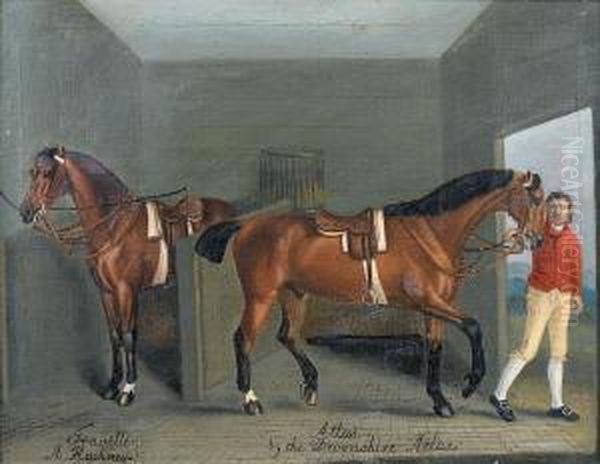 A Stable Interior With The Racehorses'traveller' And 'atlas' Held By A Groom Oil Painting by J. Francis Sartorius