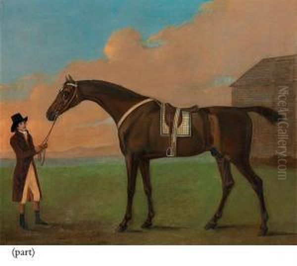 The Dark Bay Racehorse Dragon Held By A Trainer Oil Painting by J. Francis Sartorius