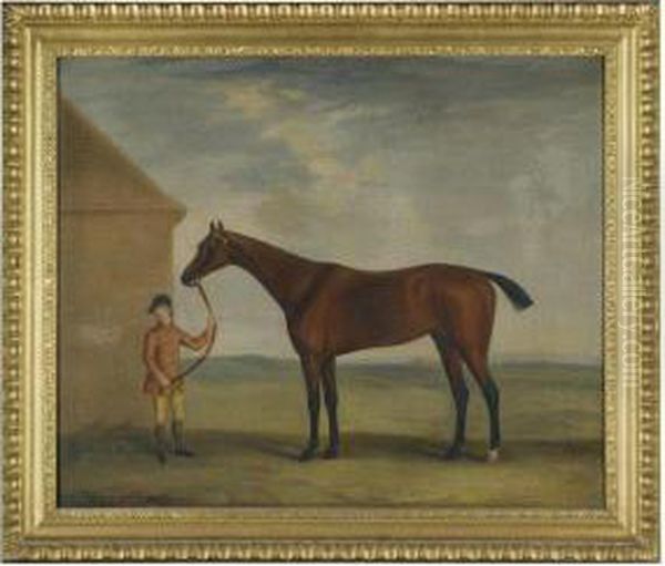 Portrait Of Henry Compton's Racehorse Highflyer, Held By A Groom Oil Painting by J. Francis Sartorius