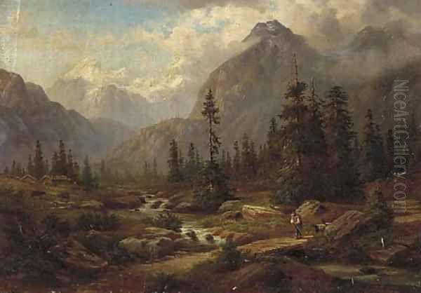 A goatherd crossing a bridge, an Alpine landscape beyond Oil Painting by Georg Engelhardt