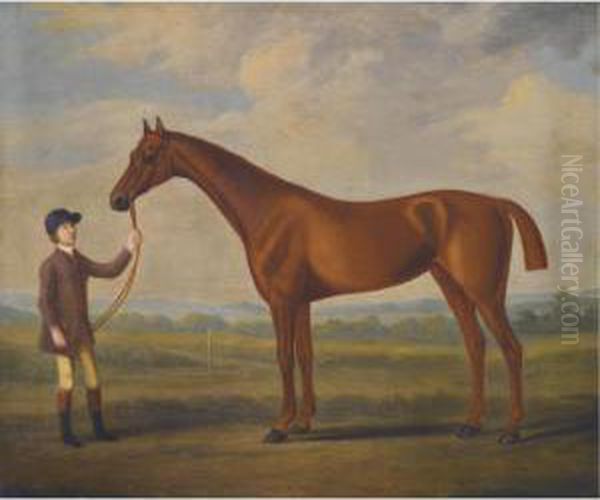 A Chestnut Racehorse Held By A Stable Boy In A Landscape Oil Painting by J. Francis Sartorius