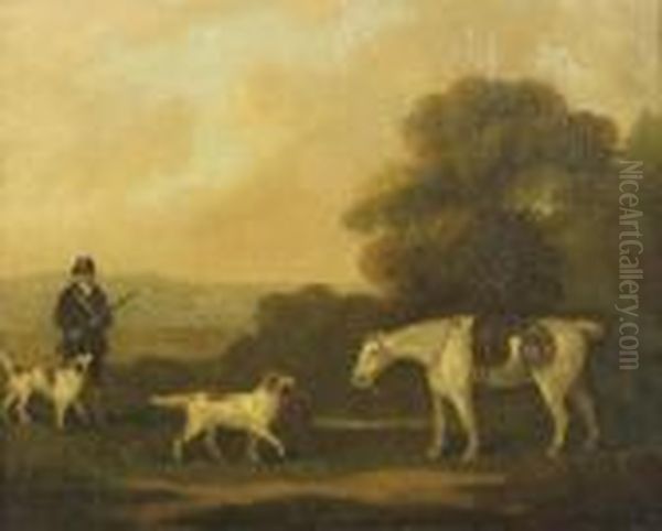 A Sportsman With Retrievers And A Pony In A Landscape Oil Painting by J. Francis Sartorius