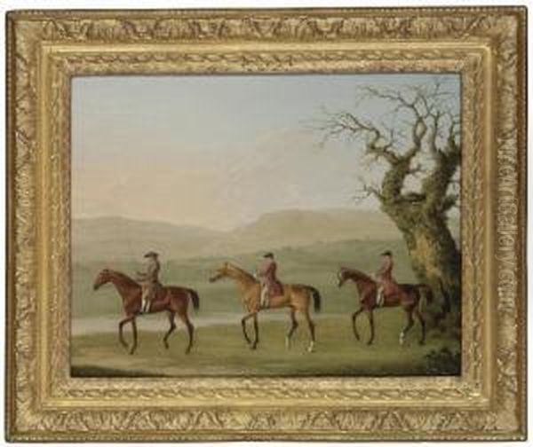 A Trainer And Two Grooms Exercising Racehorses Oil Painting by J. Francis Sartorius