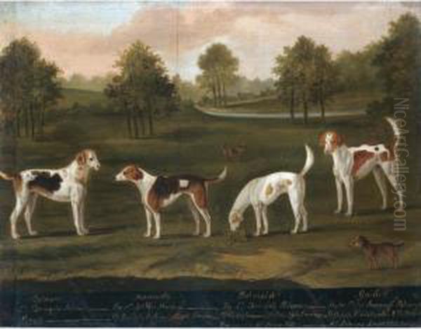 Portrait Of Hounds: Belman, 
Mannerly, Belmaid And Guider, Together With Two Spaniels In A Landscape Oil Painting by J. Francis Sartorius