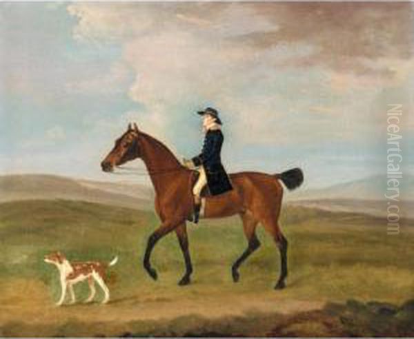 A Liveried Groom Exercising A Bay Hunter Accompanied By A Dog Oil Painting by J. Francis Sartorius