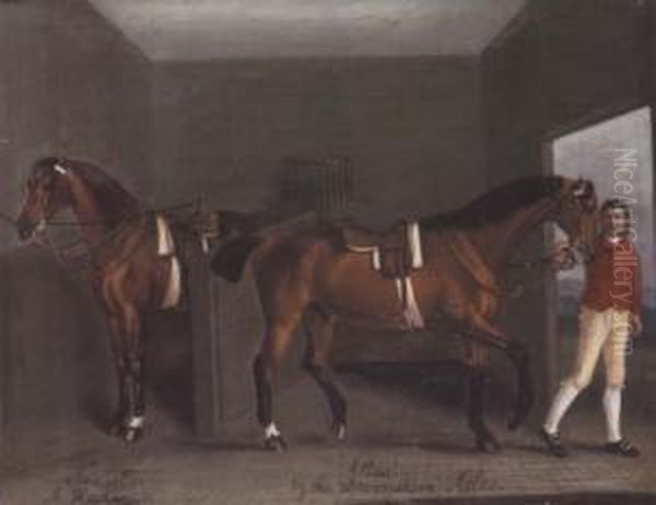 A Stable Interior With The Racehorses ``traveller`` And ``atlas`` Held By A Groom Oil Painting by J. Francis Sartorius