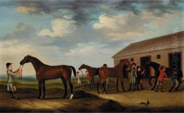 Four Racehorses Outside The Rubbing Down House, Newmarket Oil Painting by J. Francis Sartorius