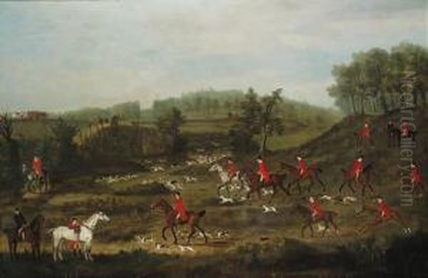 A Hunt In A Wooded Landscape, With A Fortified House And A Churchbeyond Oil Painting by J. Francis Sartorius