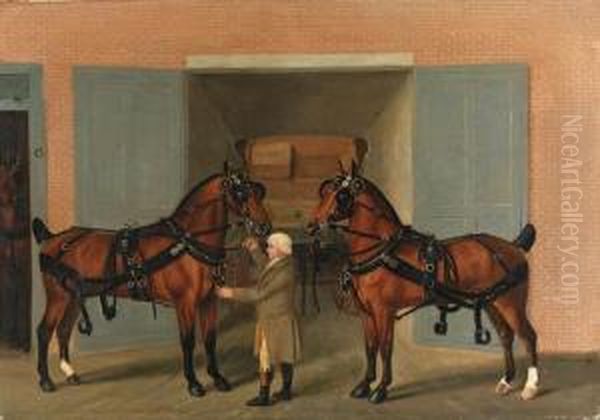 Harnessed Carriage Horses With A
 Groom Outside A Coachhouse; And Ahorse And Carriage Held By A Groom 
With A Boy On A Bay Cob In Alandscape Oil Painting by J. Francis Sartorius