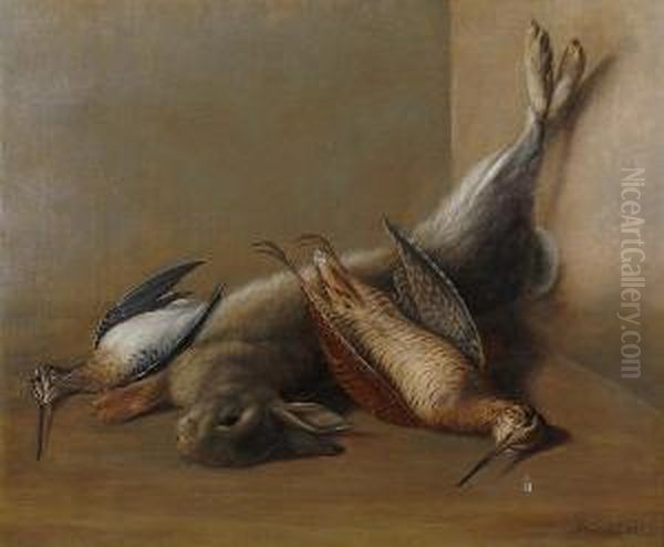 Dead Game In An Interior - Woodcock, Snipe And Rabbit Oil Painting by J. Francis Sartorius