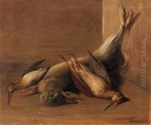 Dead Game: A Woodcock, A Snipe And A Rabbit In An Interior Oil Painting by J. Francis Sartorius