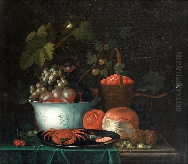 A Basket Of Wild Strawberries With A Pewter Dish And A Oil Painting by William Sartorius